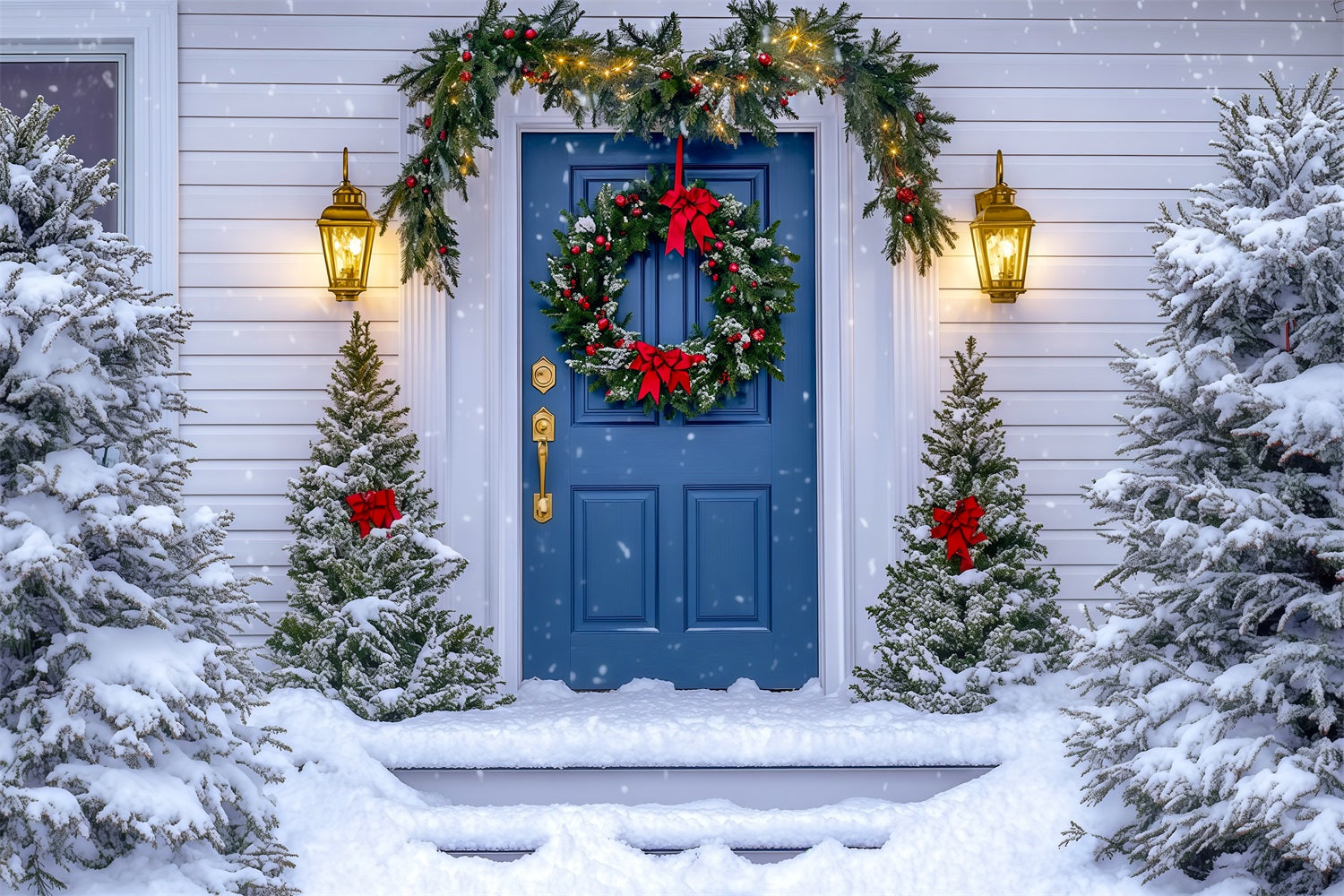 Christmas House Backdrop Blue Door Wreath Photo Backdrop Christmas RR69-63