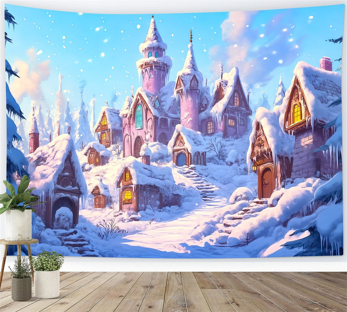 Pink Christmas Backdrop Snowy Village Castle Large Christmas Backdrops RR69-64