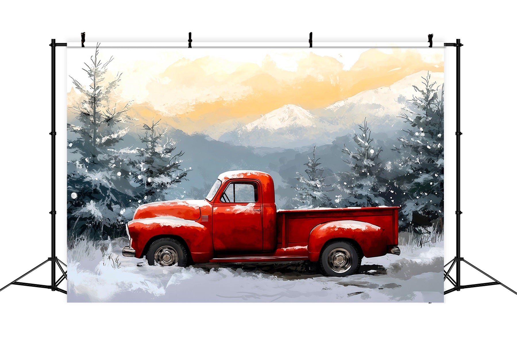 Red Truck Christmas Backdrop Winer Snowy Forest Christmas Wall Backdrop RR69-65