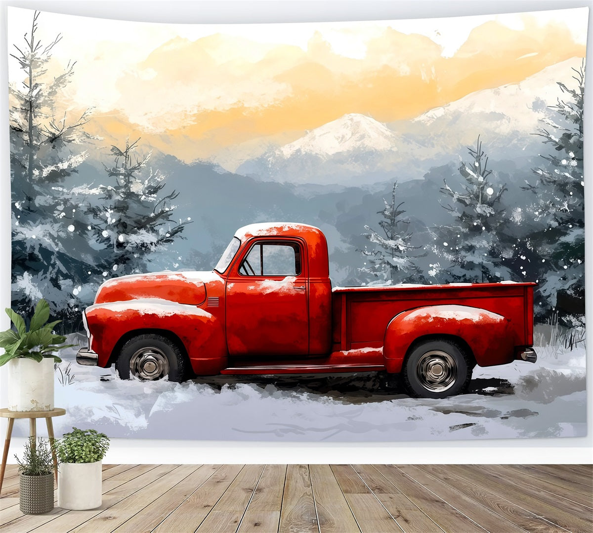 Red Truck Christmas Backdrop Winer Snowy Forest Christmas Wall Backdrop RR69-65