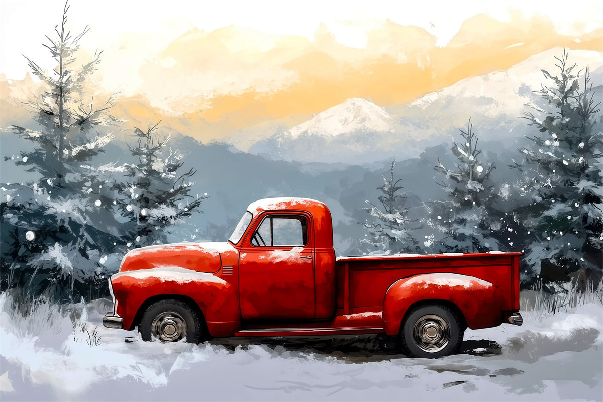 Red Truck Christmas Backdrop Winer Snowy Forest Christmas Wall Backdrop RR69-65