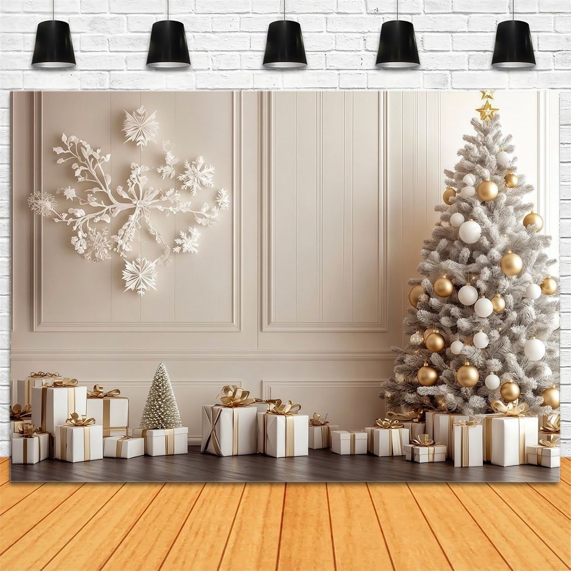 Christmas Wall Backdrop White Gold Tree Display Large Christmas Backdrops RR69-7