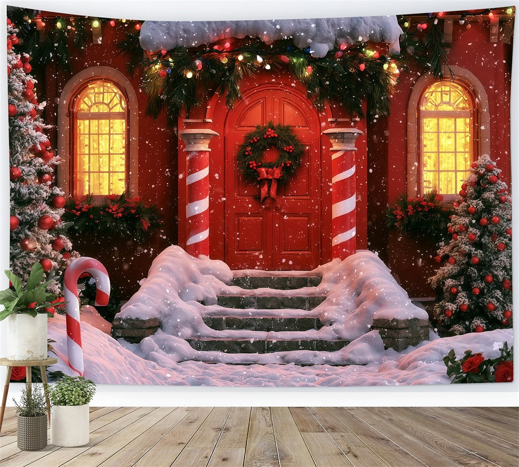 Winter Christmas Backdrop Candy Cane Red Door Entrance Indoor Christmas Backdrop RR69-75