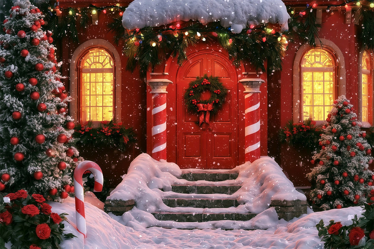 Winter Christmas Backdrop Candy Cane Red Door Entrance Indoor Christmas Backdrop RR69-75