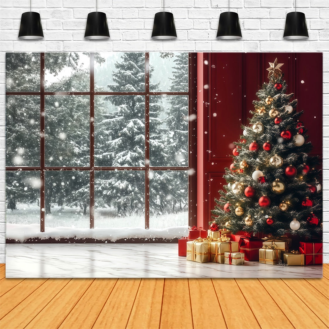 Christmas Window Backdrop Snowy Window Tree Corner Christmas Wall Backdrop RR69-8