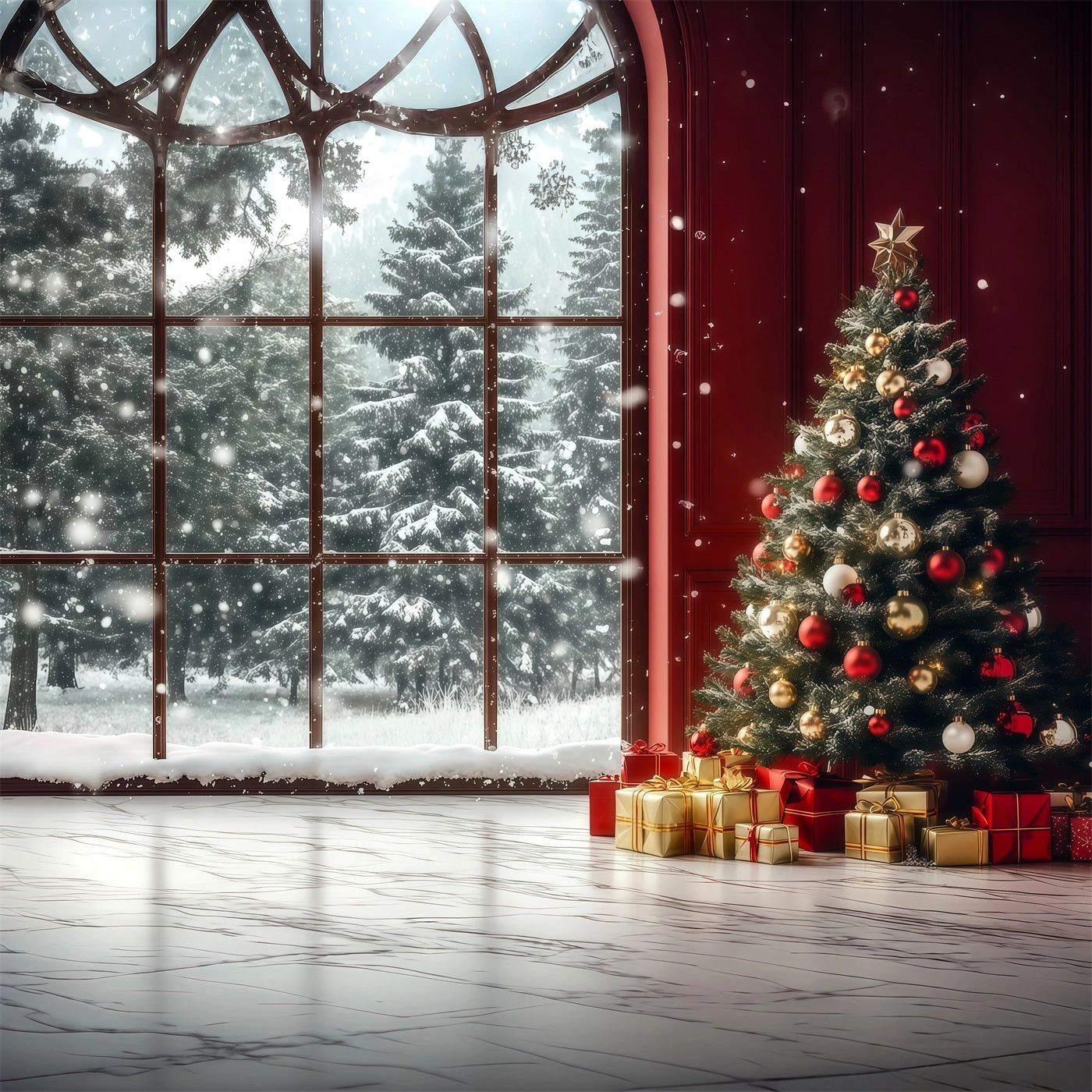 Christmas Window Backdrop Snowy Window Tree Corner Christmas Wall Backdrop RR69-8