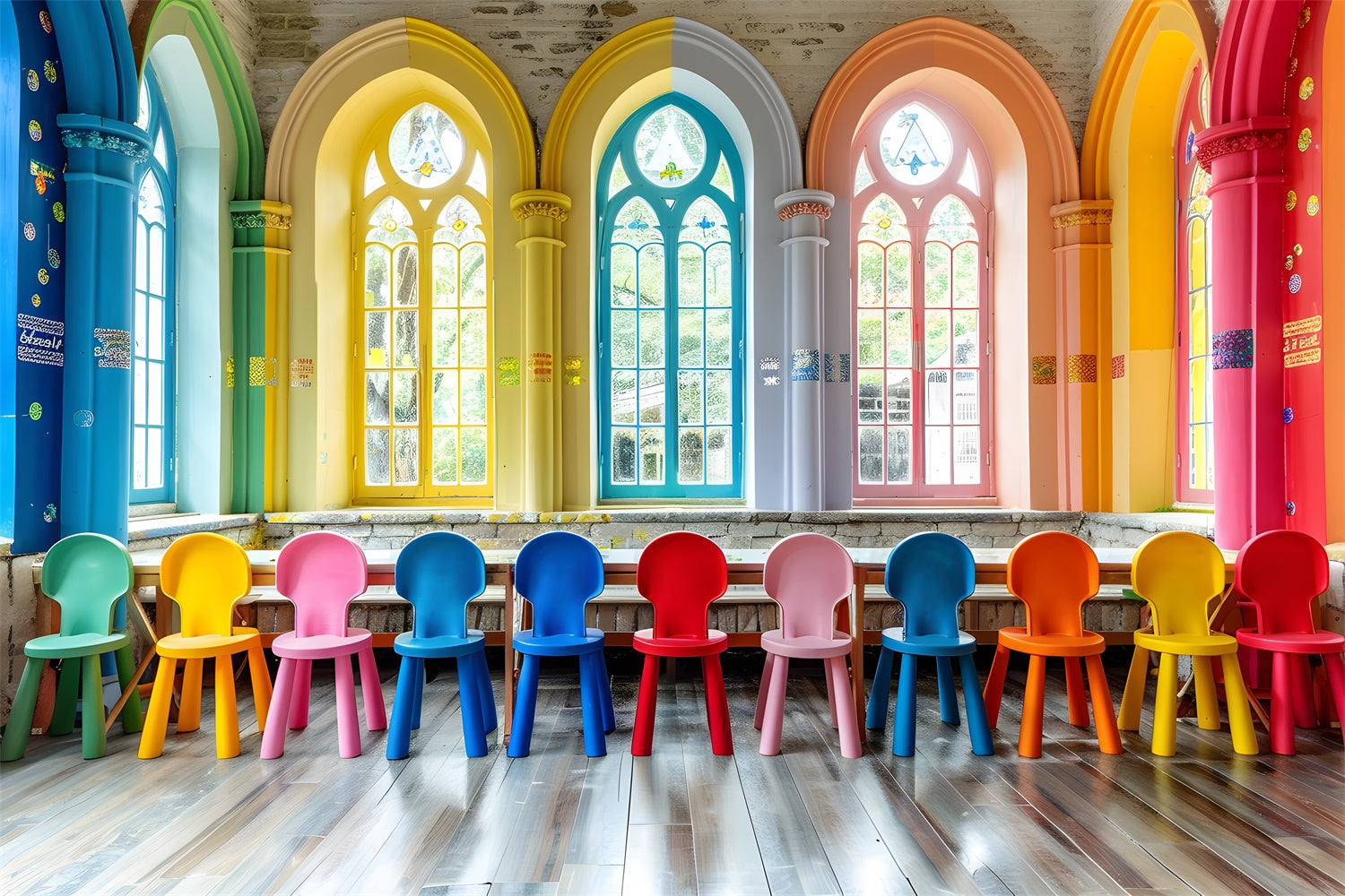 Colorful Classroom Chairs Back to School Backdrop RR7-202