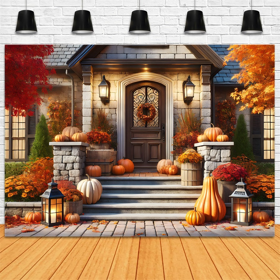 Fall Pumpkins Lanterns Front Porch Backdrop RR7-296