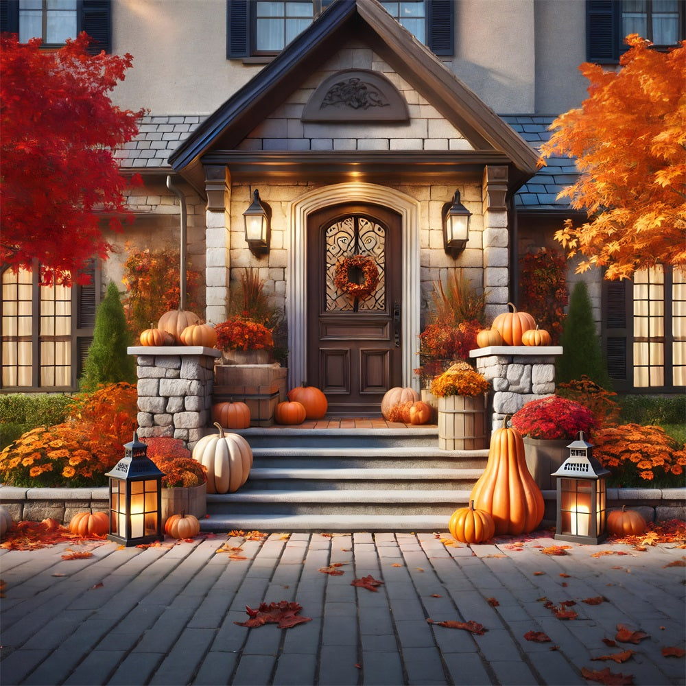 Fall Pumpkins Lanterns Front Porch Backdrop RR7-296