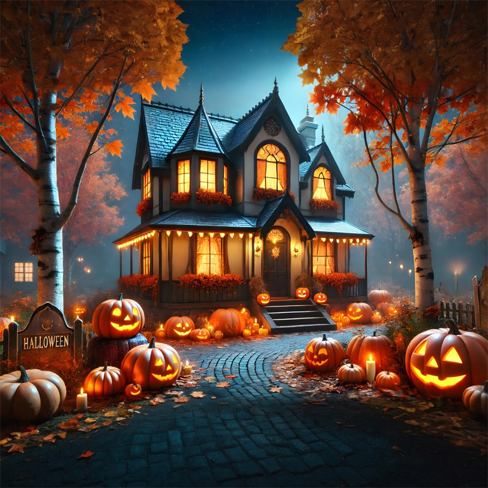Halloween Pumpkin Lanterns Cozy Cottage Backdrop RR7-297