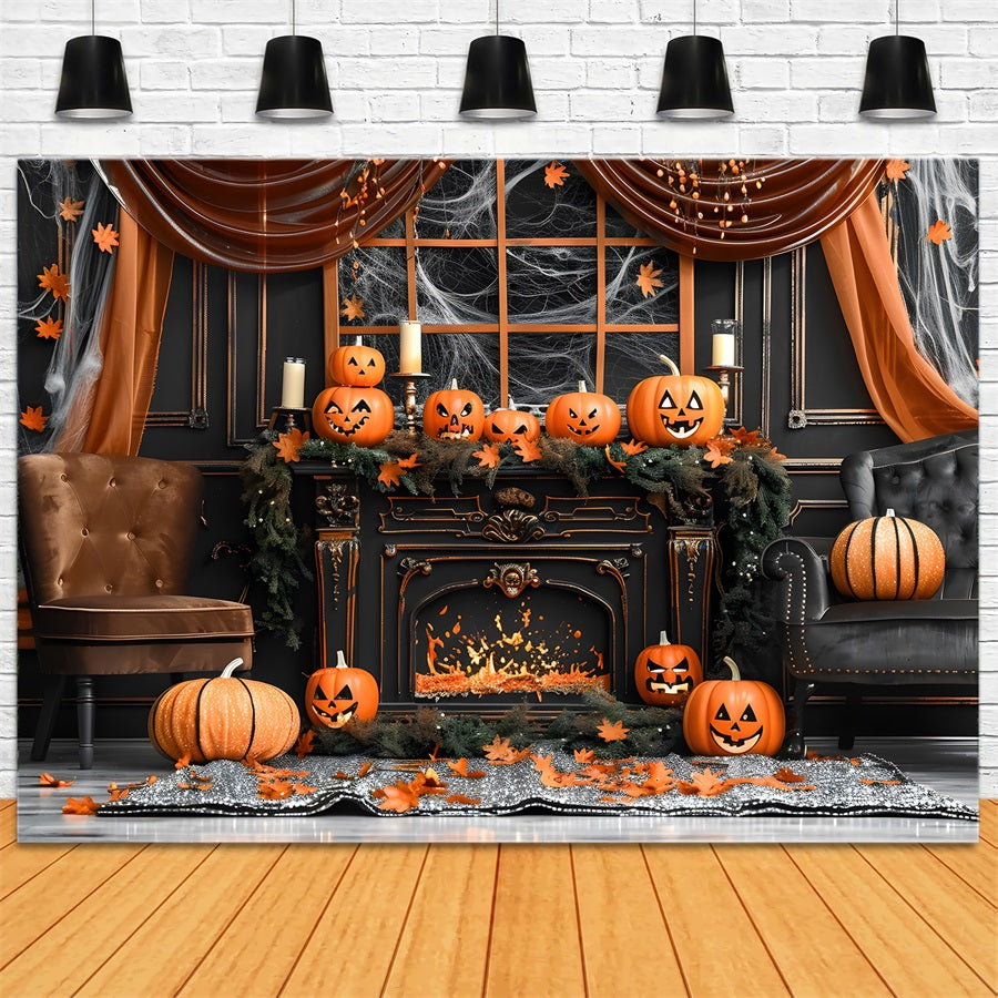 Halloween Pumpkin Lanterns Gothic Fireplace Backdrop RR7-341