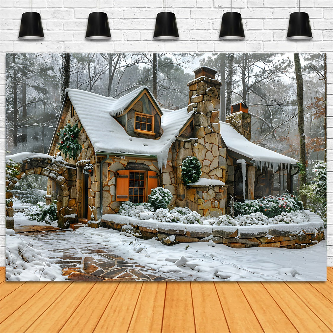 Christmas Snowy Stone Cottage Backdrop RR7-572