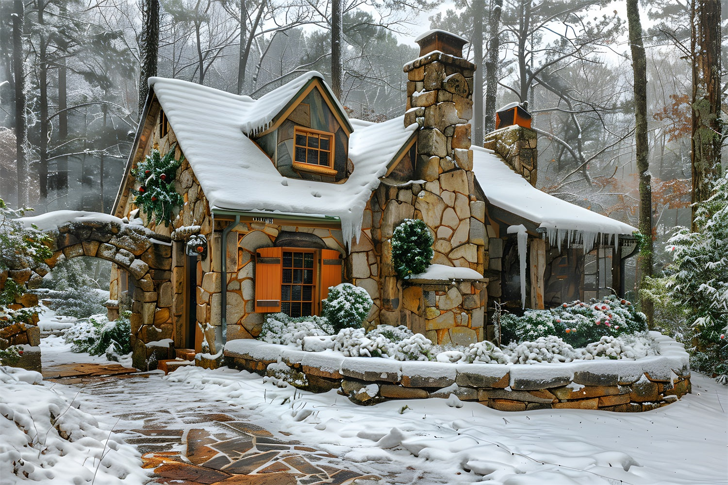 Christmas Snowy Stone Cottage Backdrop RR7-572