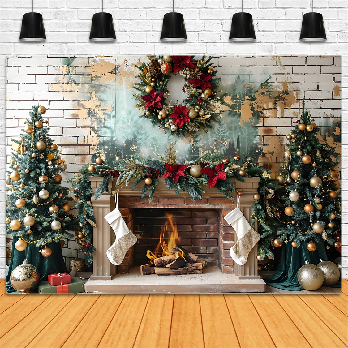 Christmas Elegant Fireplace Gold Ornaments Backdrop RR7-626