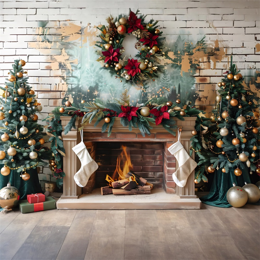 Christmas Elegant Fireplace Gold Ornaments Backdrop RR7-626