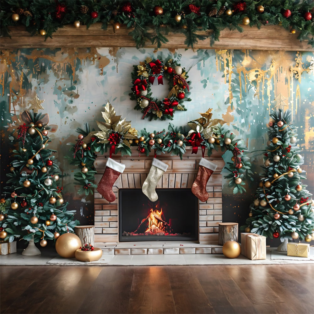Christmas Fireplace Red Gold Decorations Backdrop RR7-627