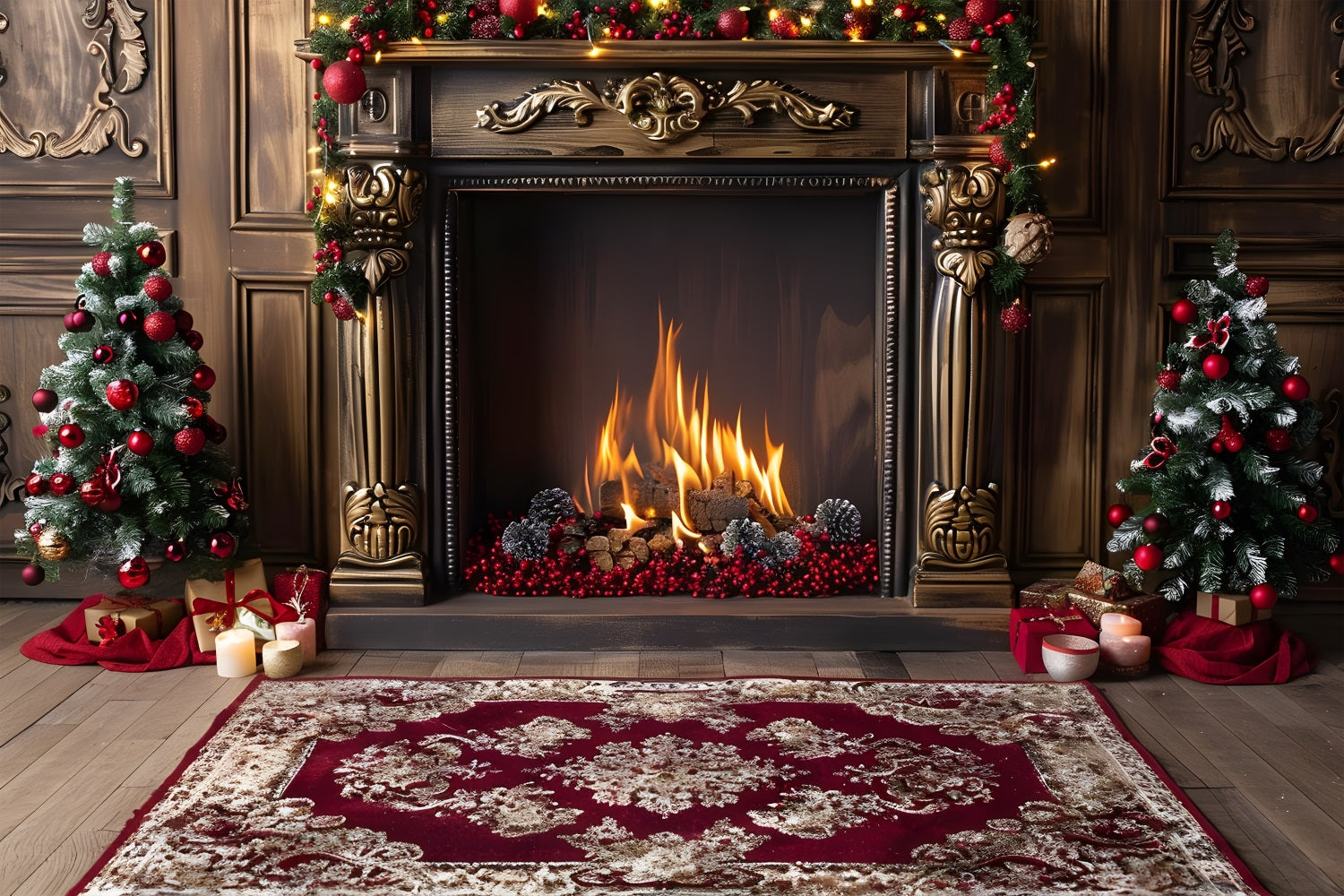 Christmas Elegant Fireplace Red Accents Backdrop RR7-631