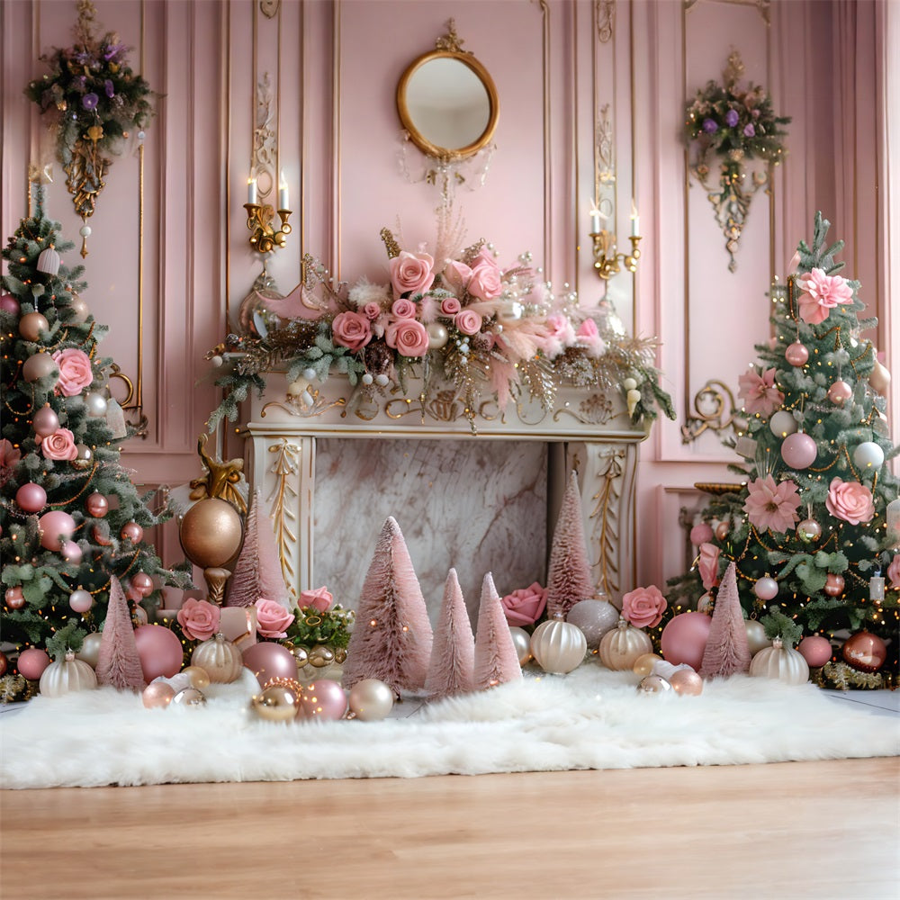 Christmas Pink Elegant Fireplace Trees Backdrop RR7-663