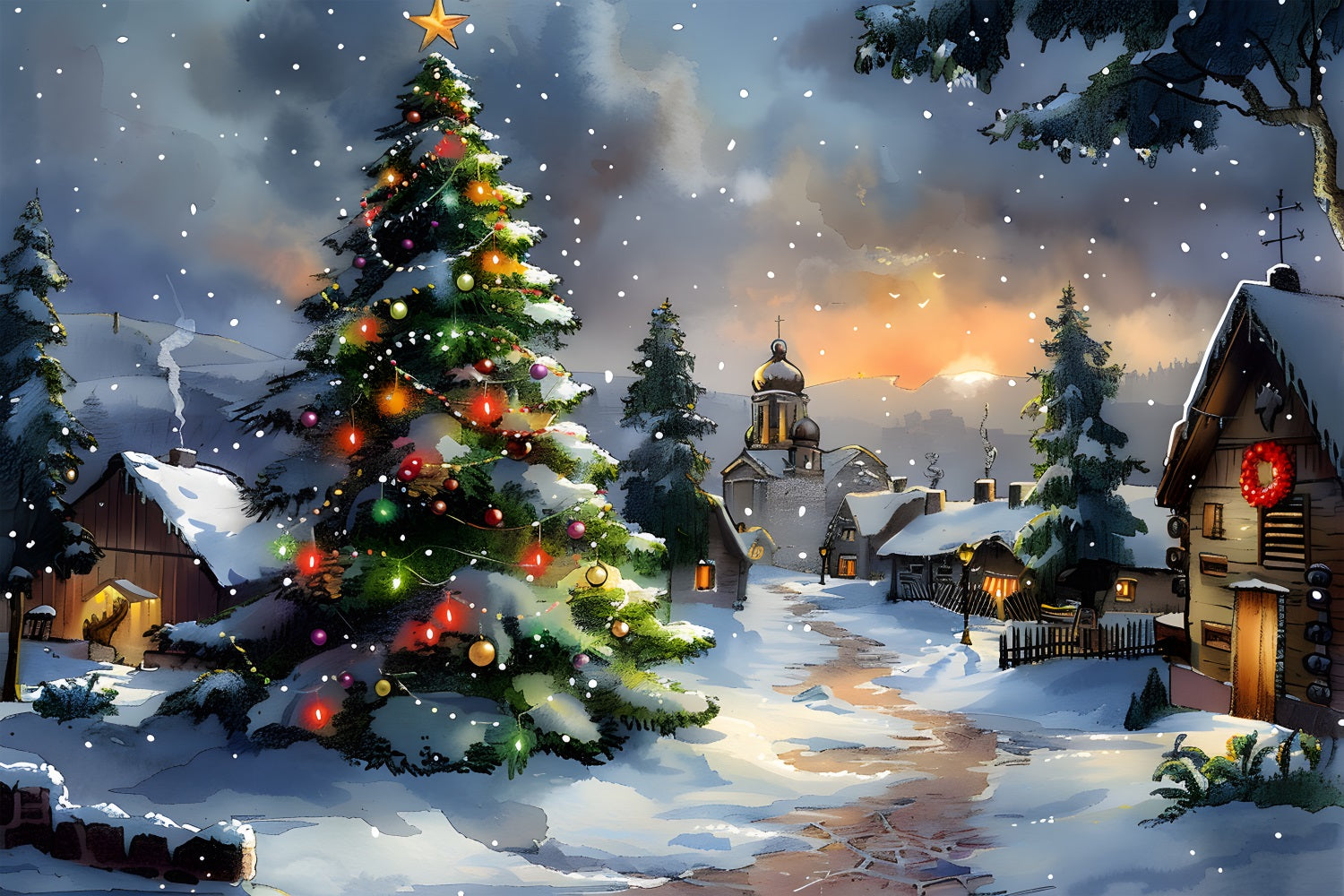 Christmas Village with Starry Tree Backdrop RR7-670 – Dbackdrop christmas-village-with-starry-tree-backdrop-rr7-670-dbackdrop