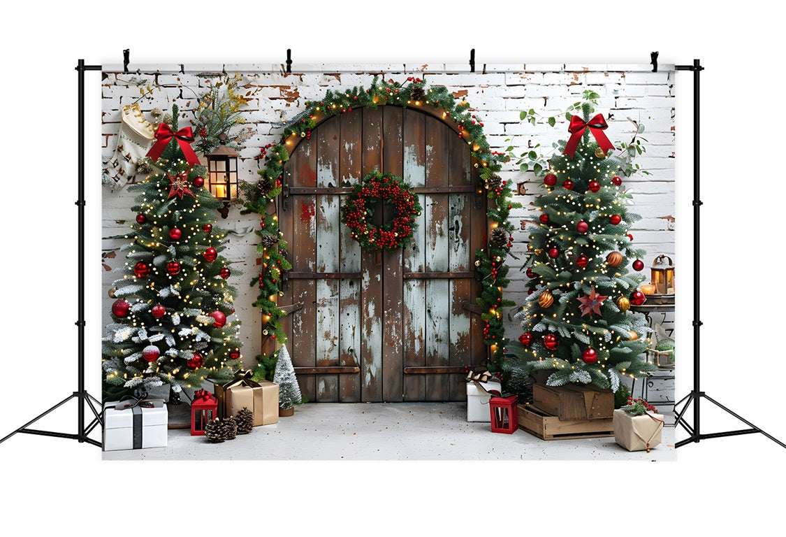 Christmas Rustic Doorway Festive Trees Backdrop RR7-687