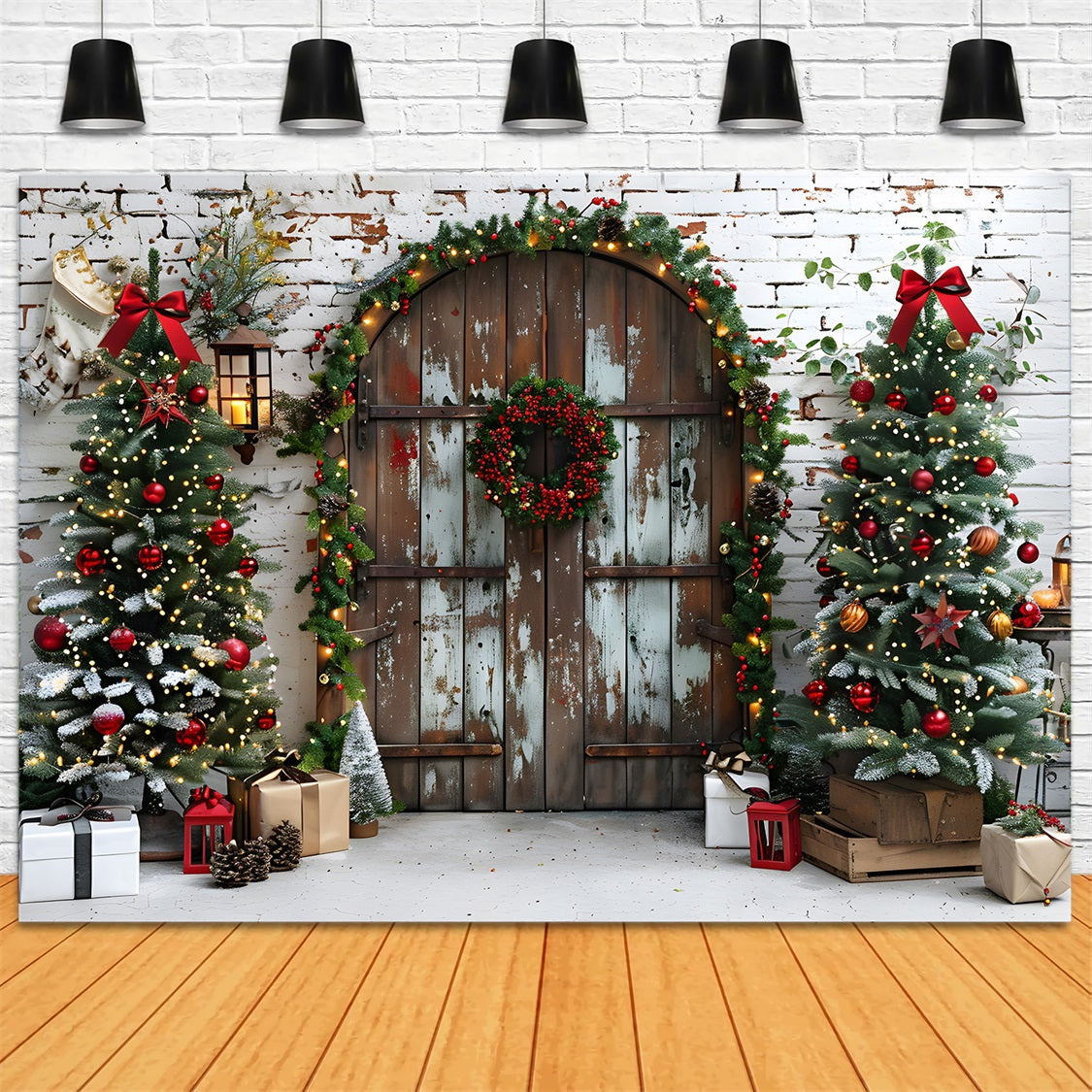 Christmas Rustic Doorway Festive Trees Backdrop RR7-687