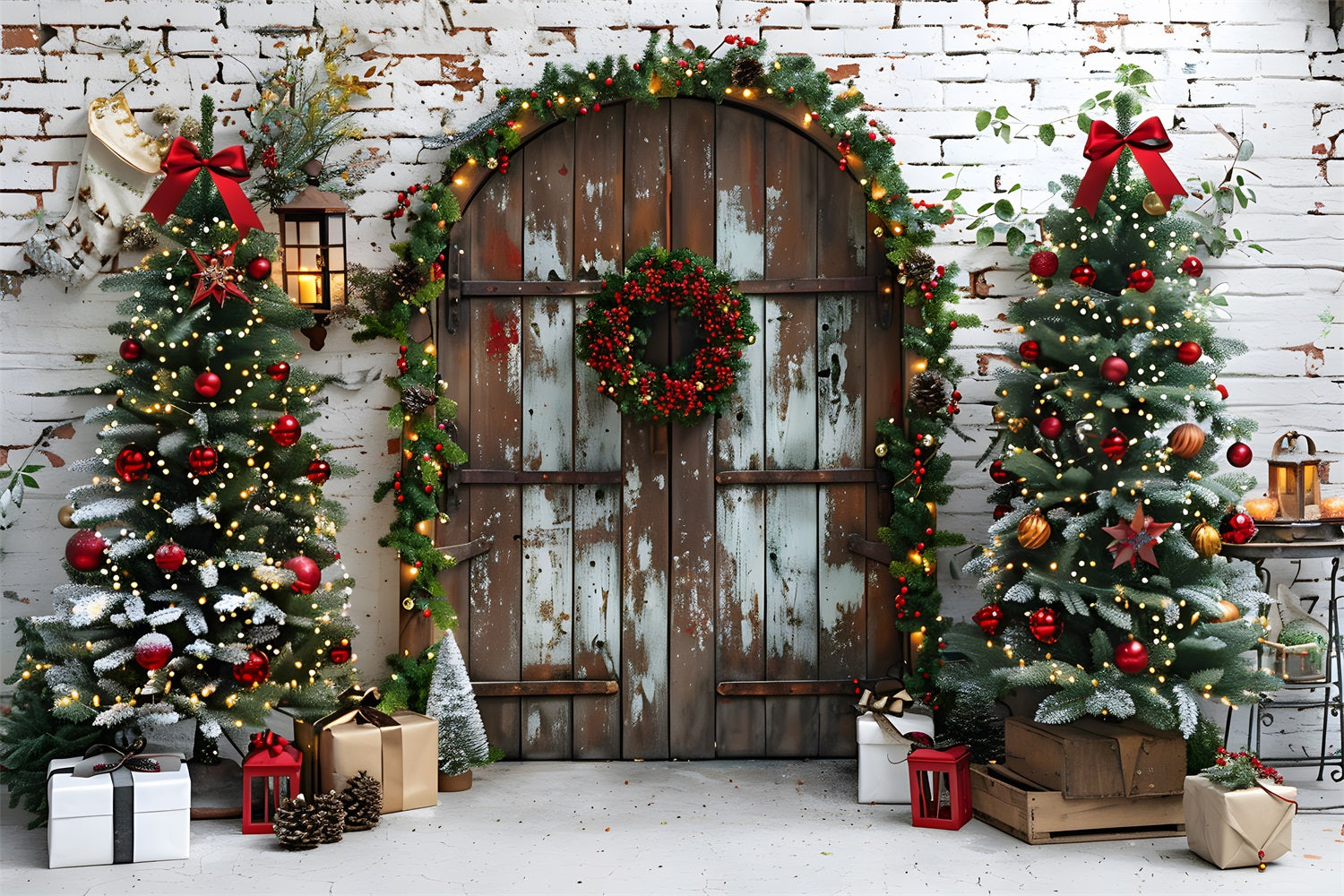 Christmas Rustic Doorway Festive Trees Backdrop RR7-687