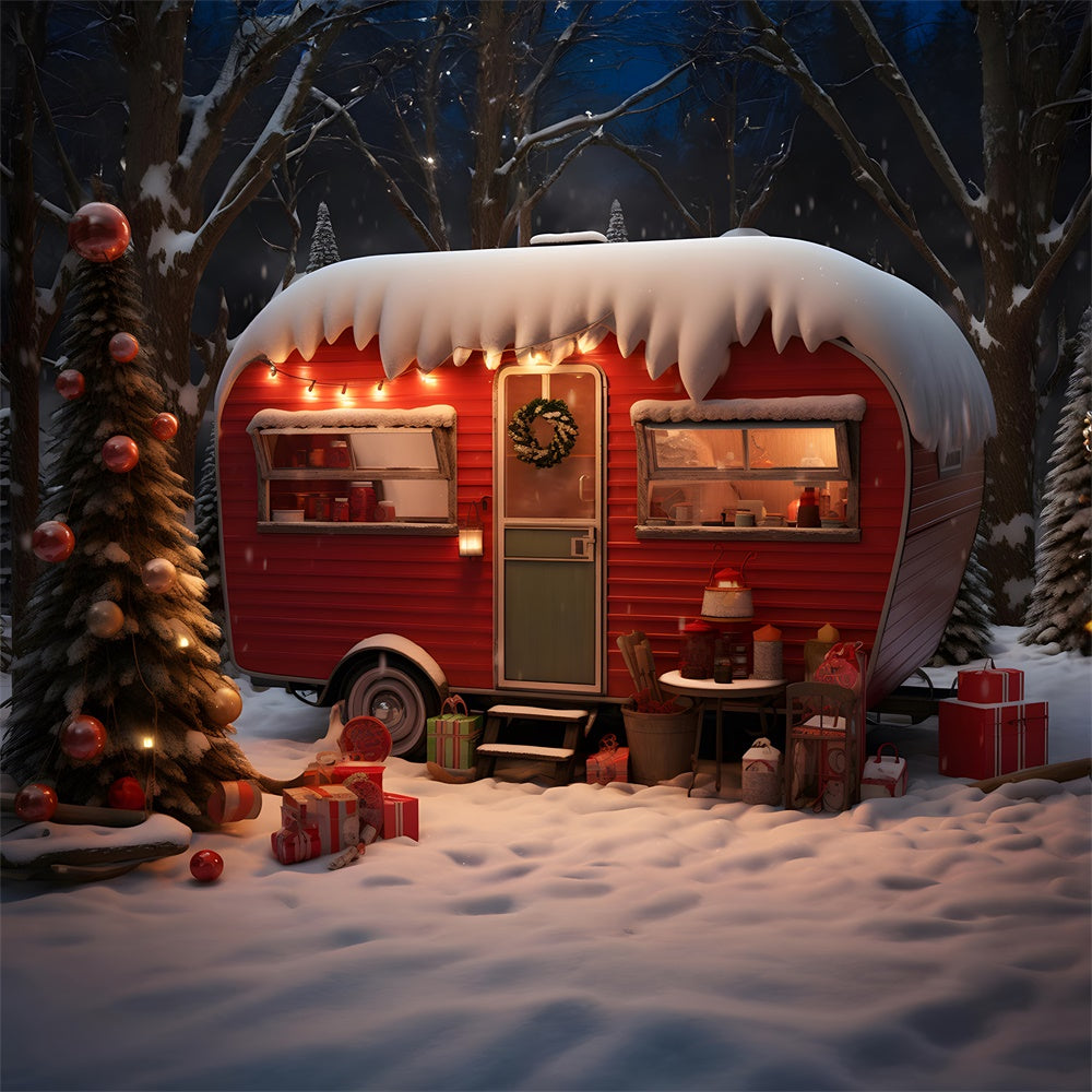 Snowy Forest Christmas Red Camper Backdrop RR7-753