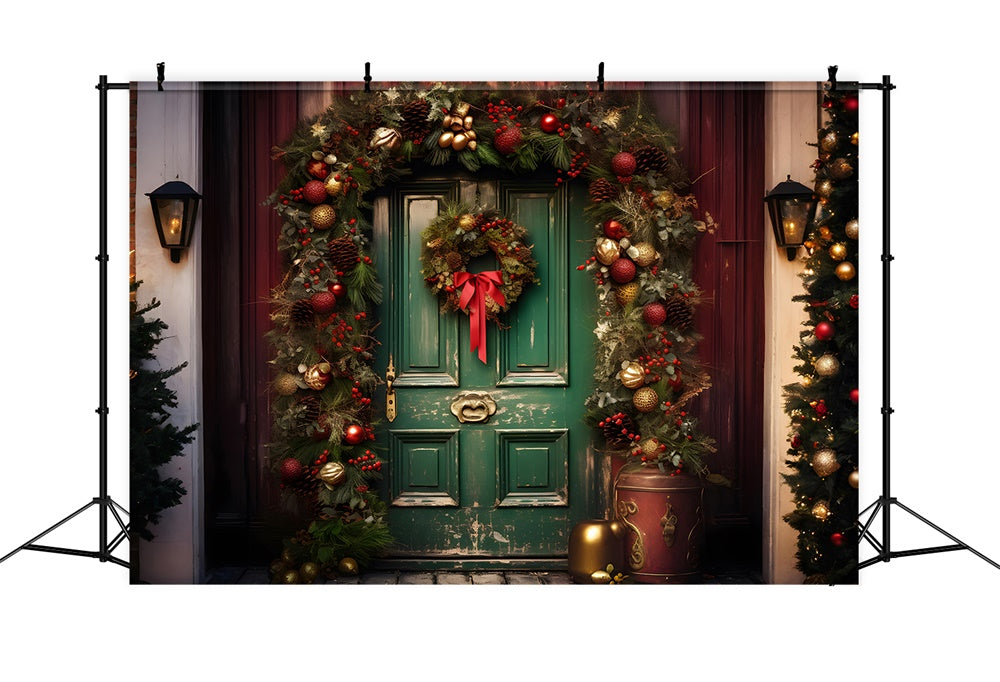 Christmas Balls Wreath Green Door Backdrop RR7-758
