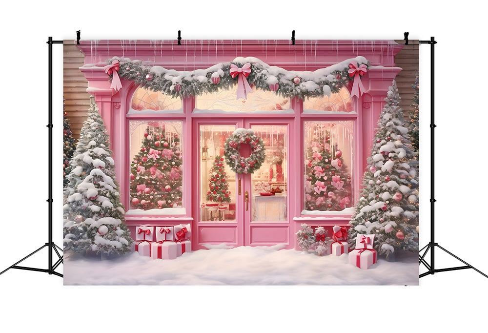 Pink Christmas Shop Garland Snow Backdrop RR7-811
