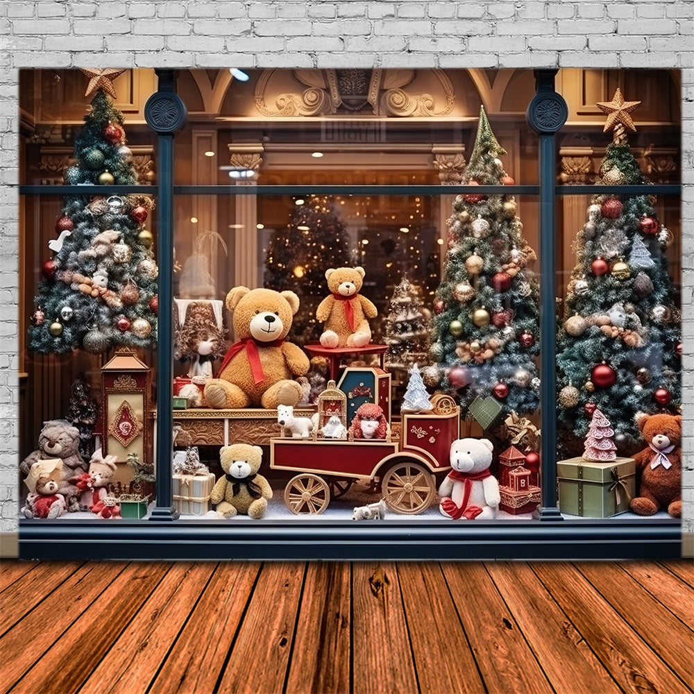 Christmas Tree Bear Toy Shop Window Backdrop RR7-856