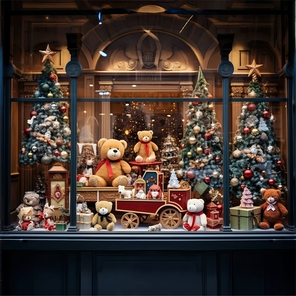 Christmas Tree Bear Toy Shop Window Backdrop RR7-856