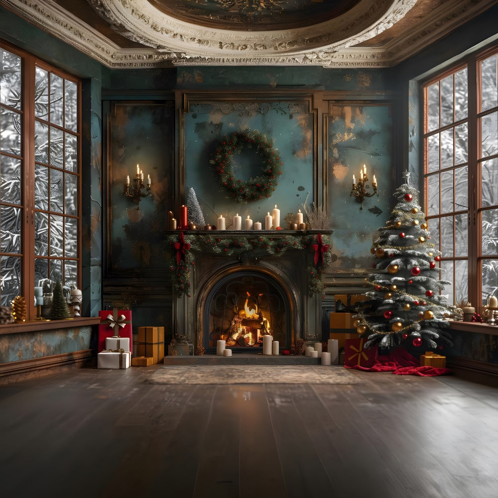 Christmas Vintage Cozy Fireplace Tree Backdrop RR8-169