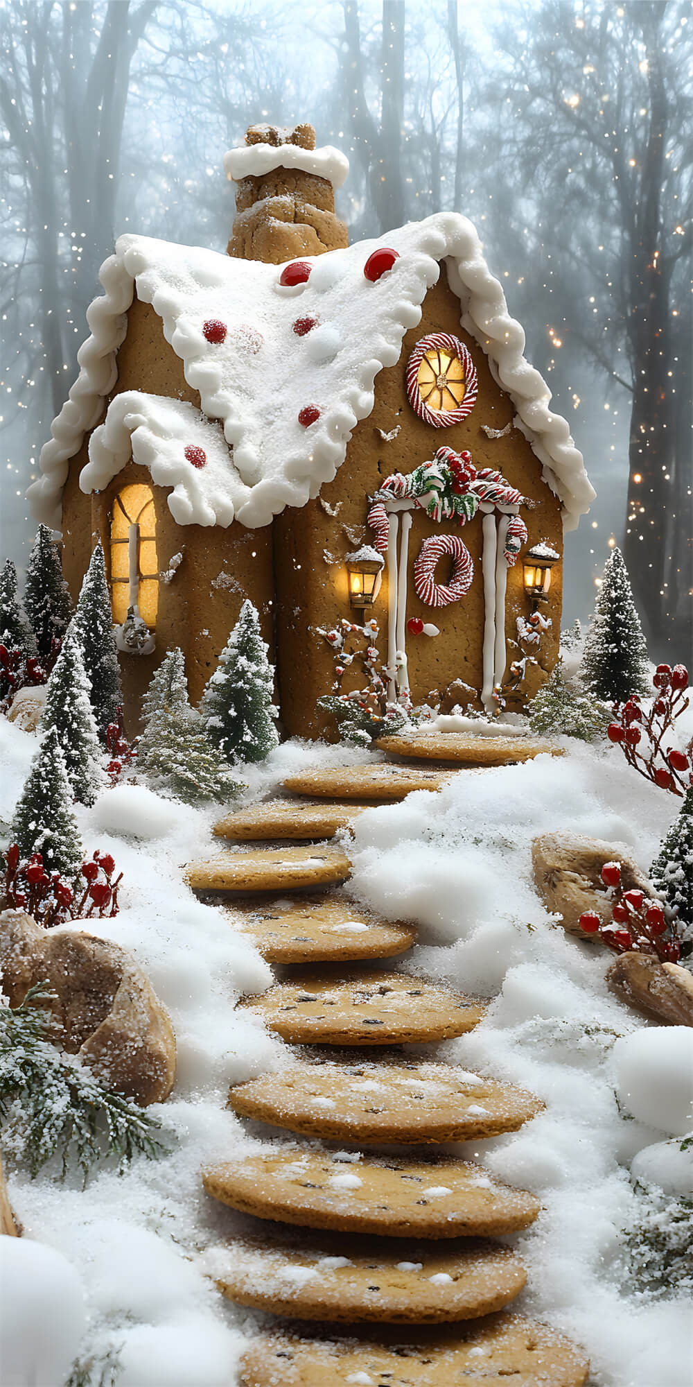 Christmas Snowy Stair Sweep Gingerbread House Backdrop RR8-364
