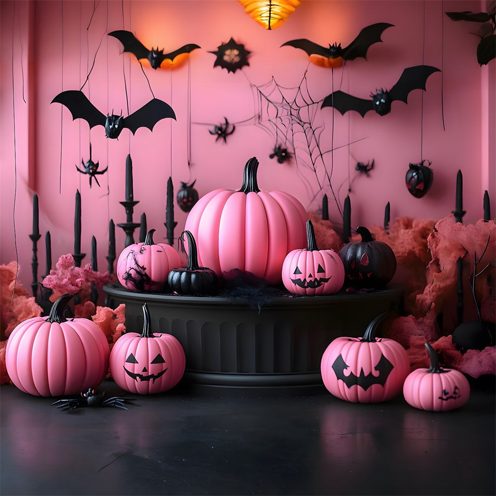 Halloween Pink Wall Pumpkins Bats Backdrop RR8-388