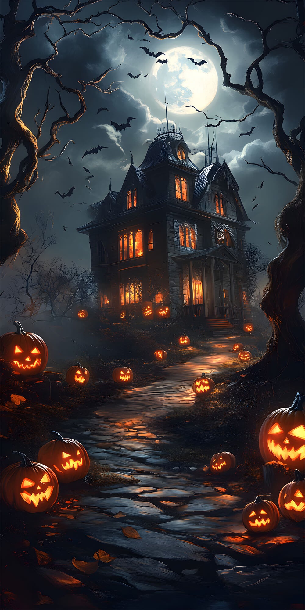 Halloween Night Moon Sweep Haunted House Backdrop RR8-405