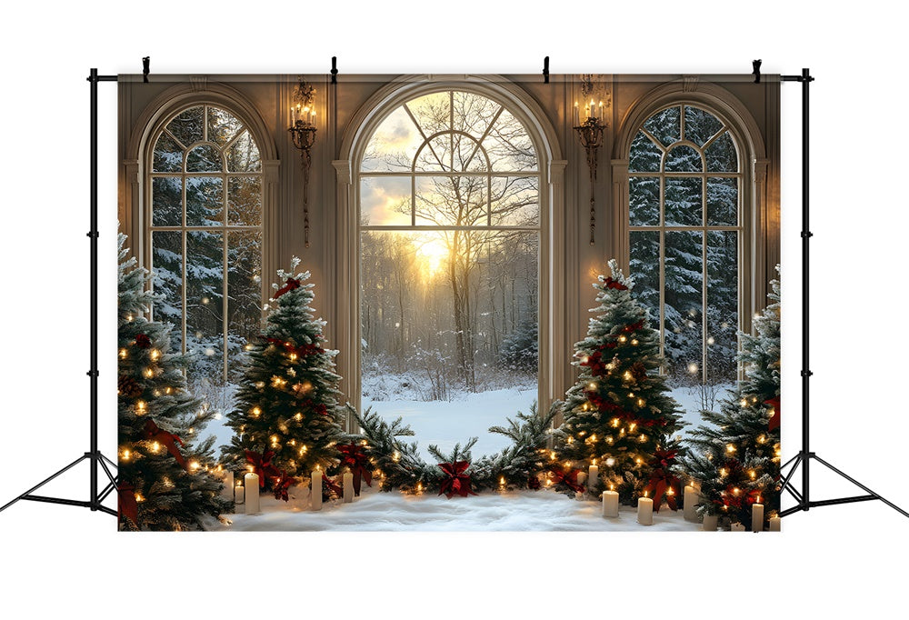 Christmas Trees Candles Window Snow Backdrop RR8-89
