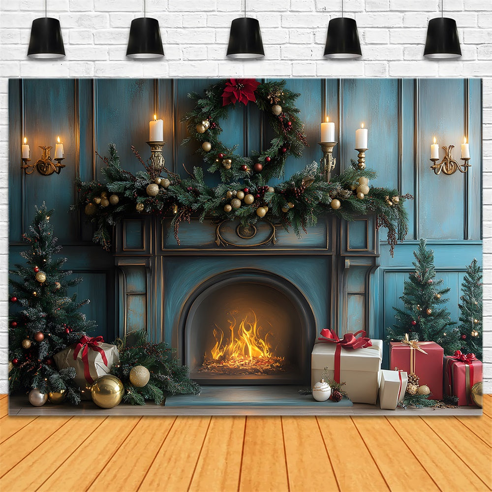 Christmas Fireplace Candles Gift Boxes Backdrop RR8-98