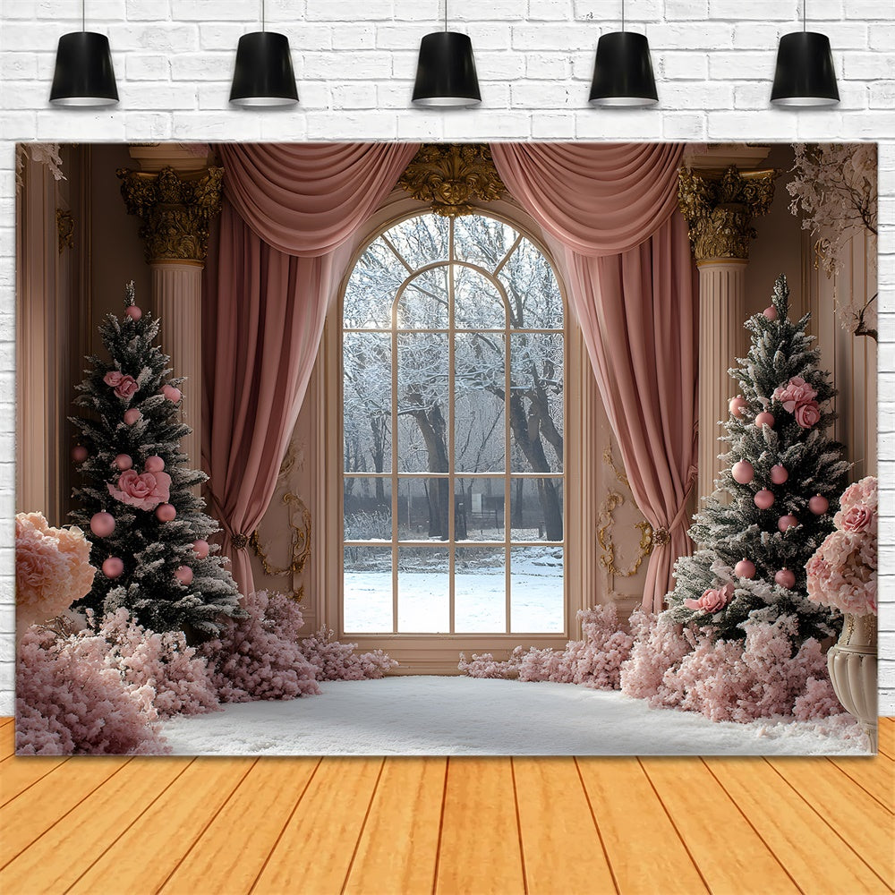 Christmas Tree Pink Curtain Window View Backdrop RR9-49