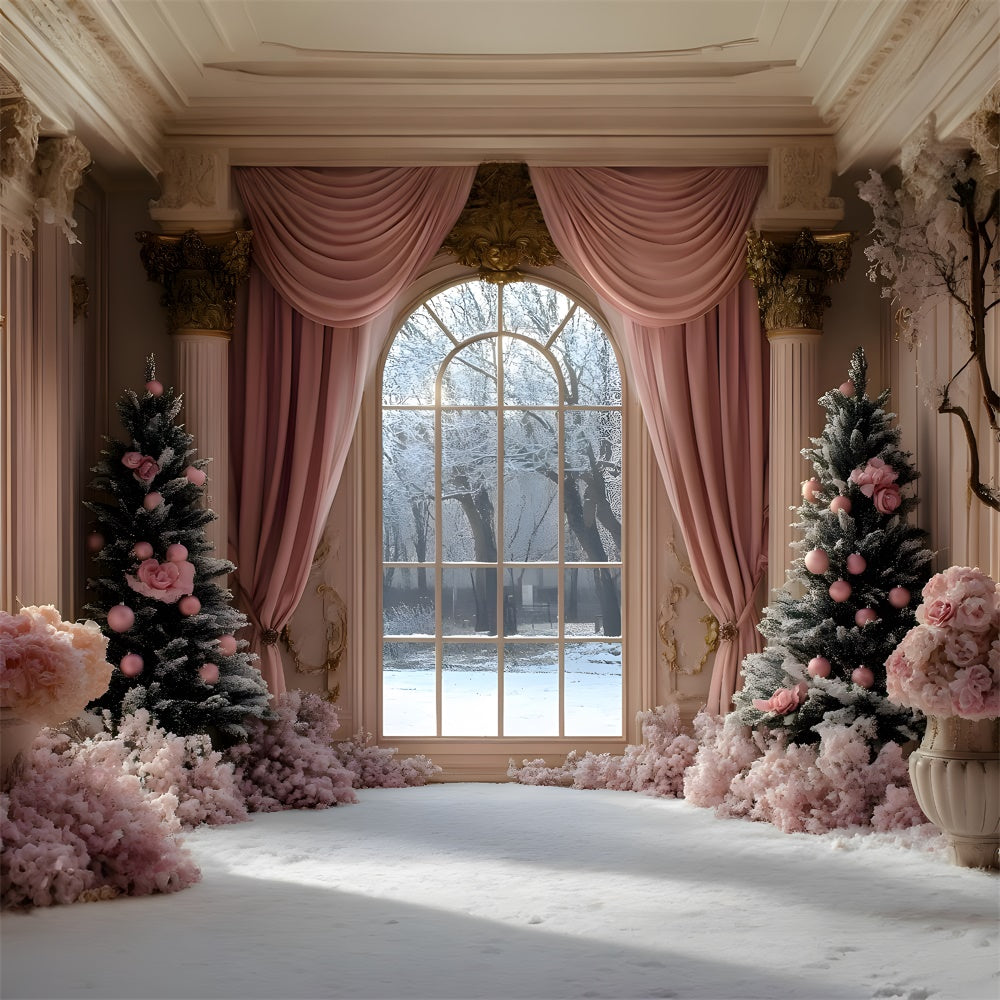 Christmas Tree Pink Curtain Window View Backdrop RR9-49
