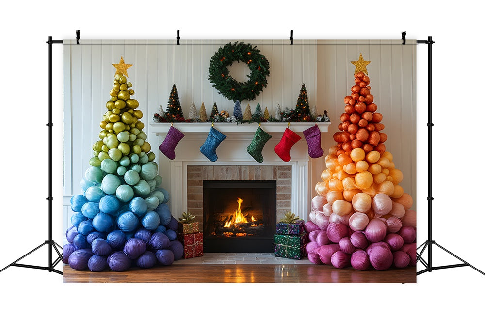 Christmas Rainbow Ball Tree Fireplace Backdrop RR9-50