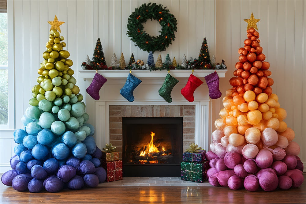Christmas Rainbow Ball Tree Fireplace Backdrop RR9-50