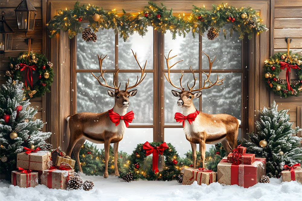 Christmas Window Garland Wreath Reindeer Backdrop RR9-60 – Dbackdrop christmas-window-garland-wreath-reindeer-backdrop-rr9-60-dbackdrop