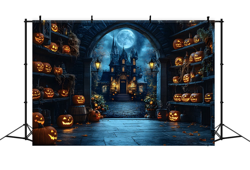 Halloween Spooky Castle Glowing Pumpkin Backdrop RR9-82
