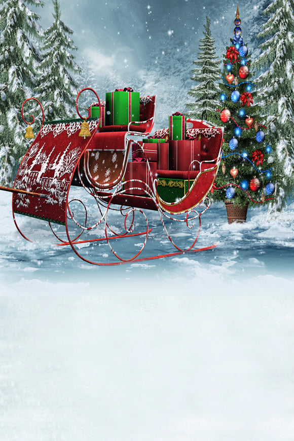 Santa's Sleigh Christmas Tree Gift Snow Backdrop for Picture ST-454