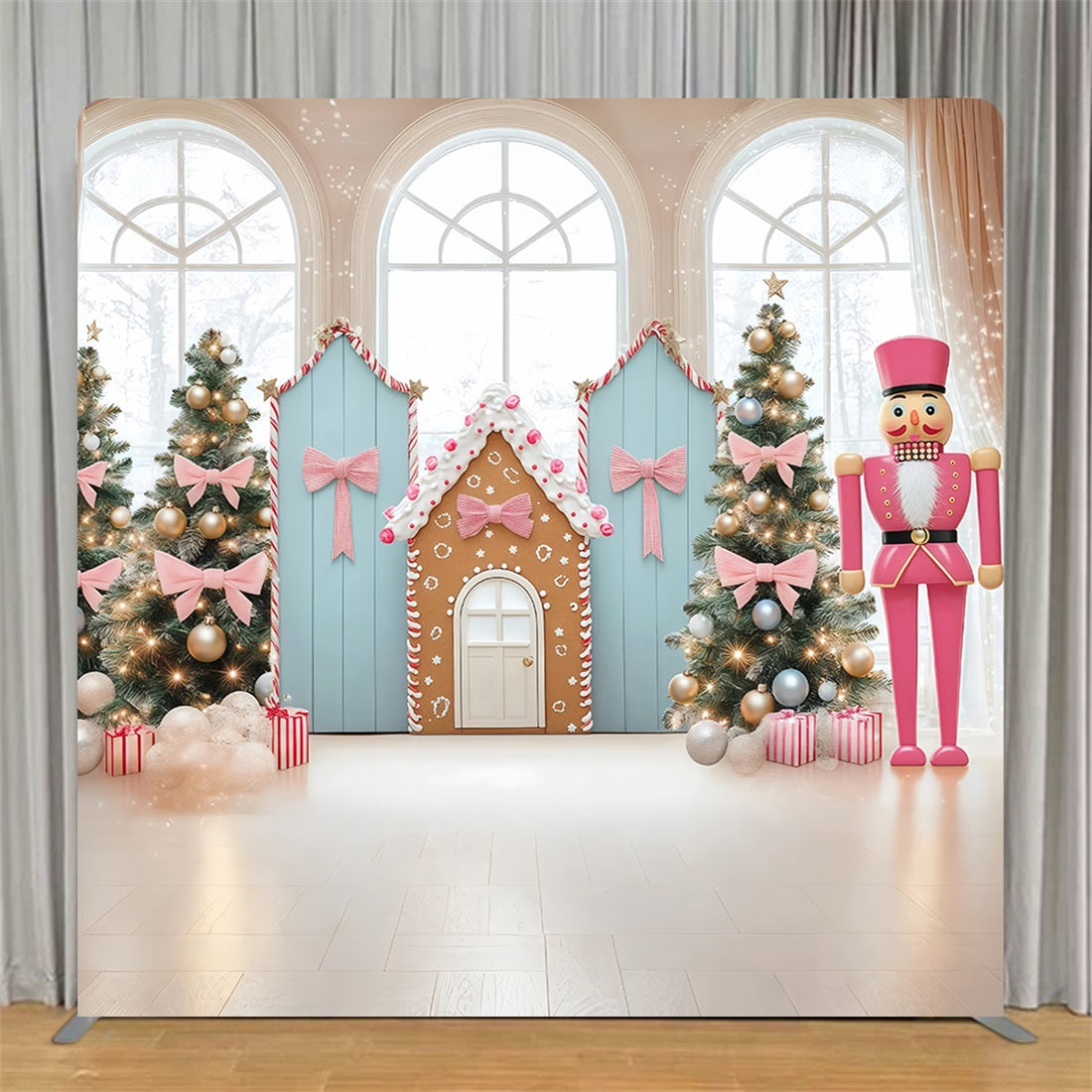 Square Backdrop Cover Pink Bow Nutcracker Christmas Party Backdrop TS-BRP57-143