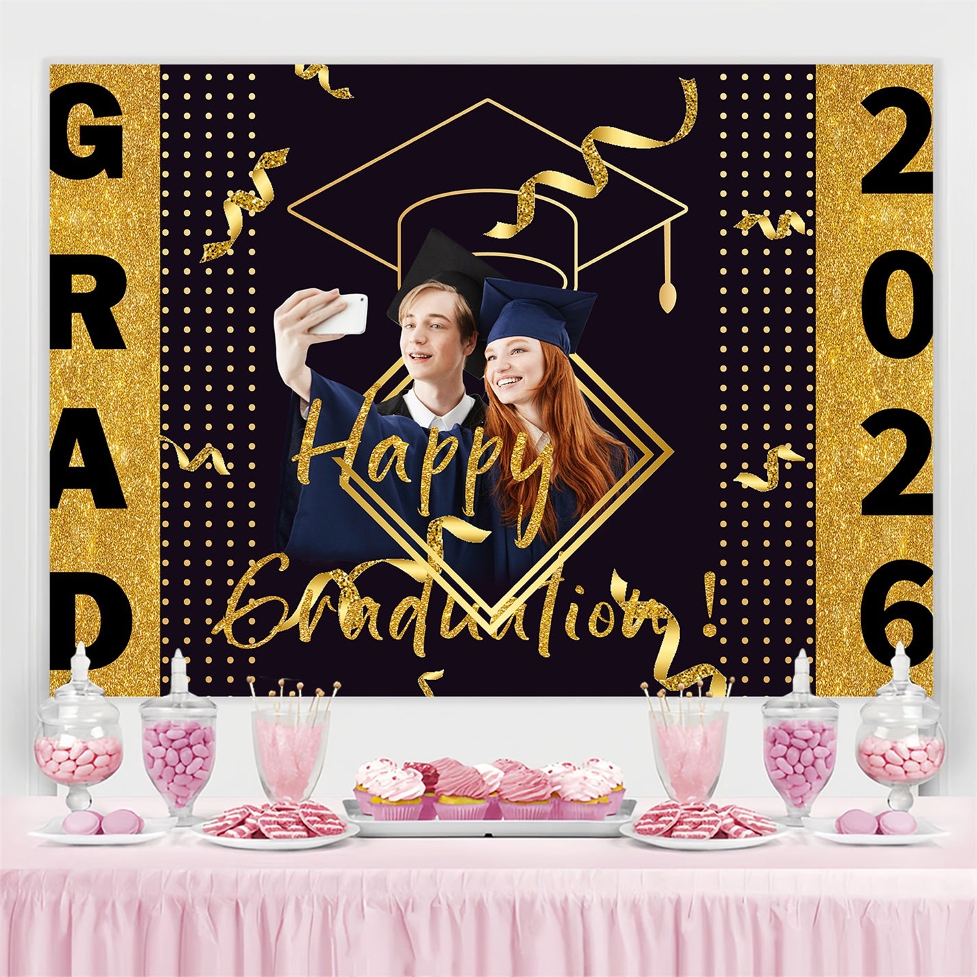 2026 Graduation Backdrop Glitter Cap Streamer Custom Party Graduation Backdrop TWW3-100