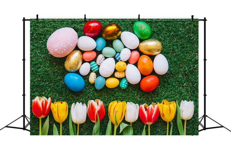 Easter Photo Backdrop Ideas Colorful Egg Green Grass Backdrop TWW3-14