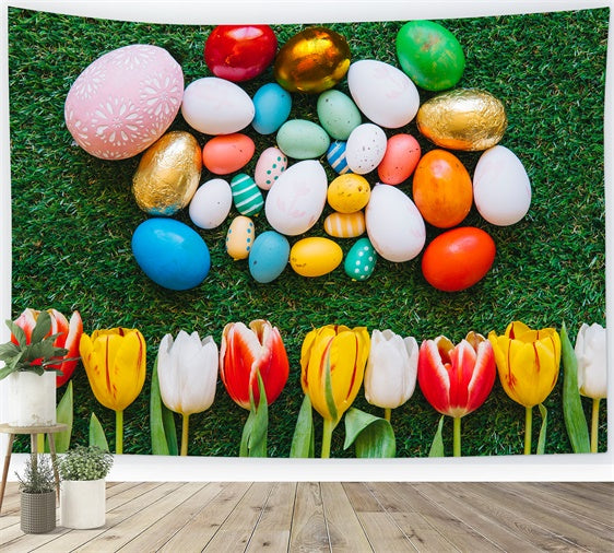 Easter Photo Backdrop Ideas Colorful Egg Green Grass Backdrop TWW3-14