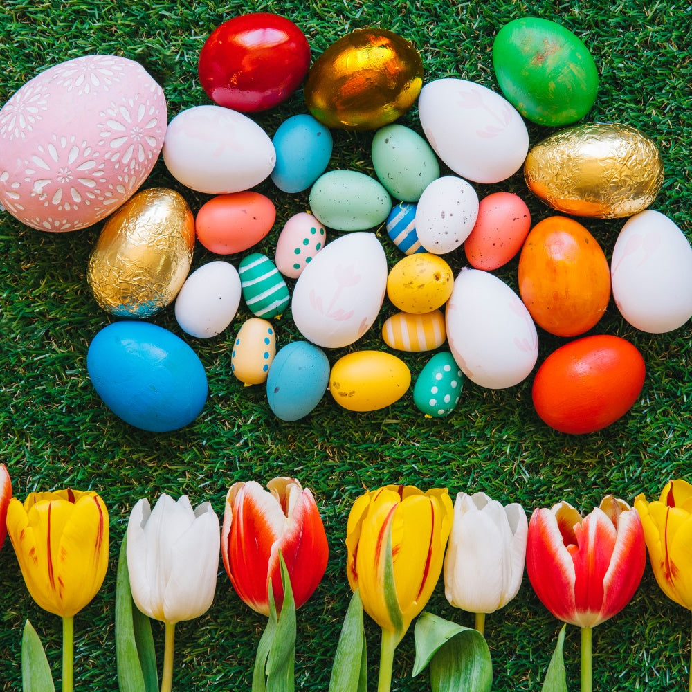 Easter Photo Backdrop Ideas Colorful Egg Green Grass Backdrop TWW3-14