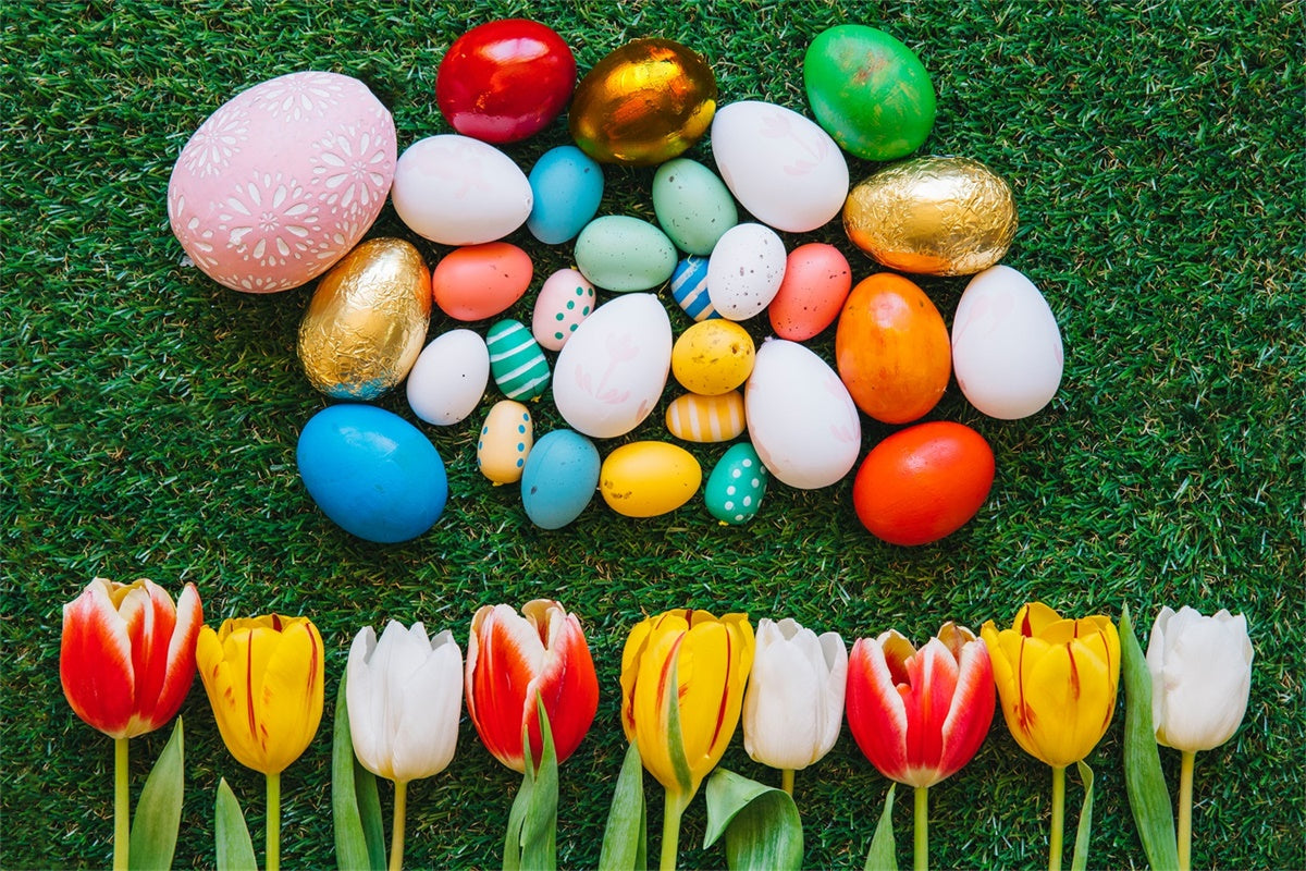Easter Photo Backdrop Ideas Colorful Egg Green Grass Backdrop TWW3-14